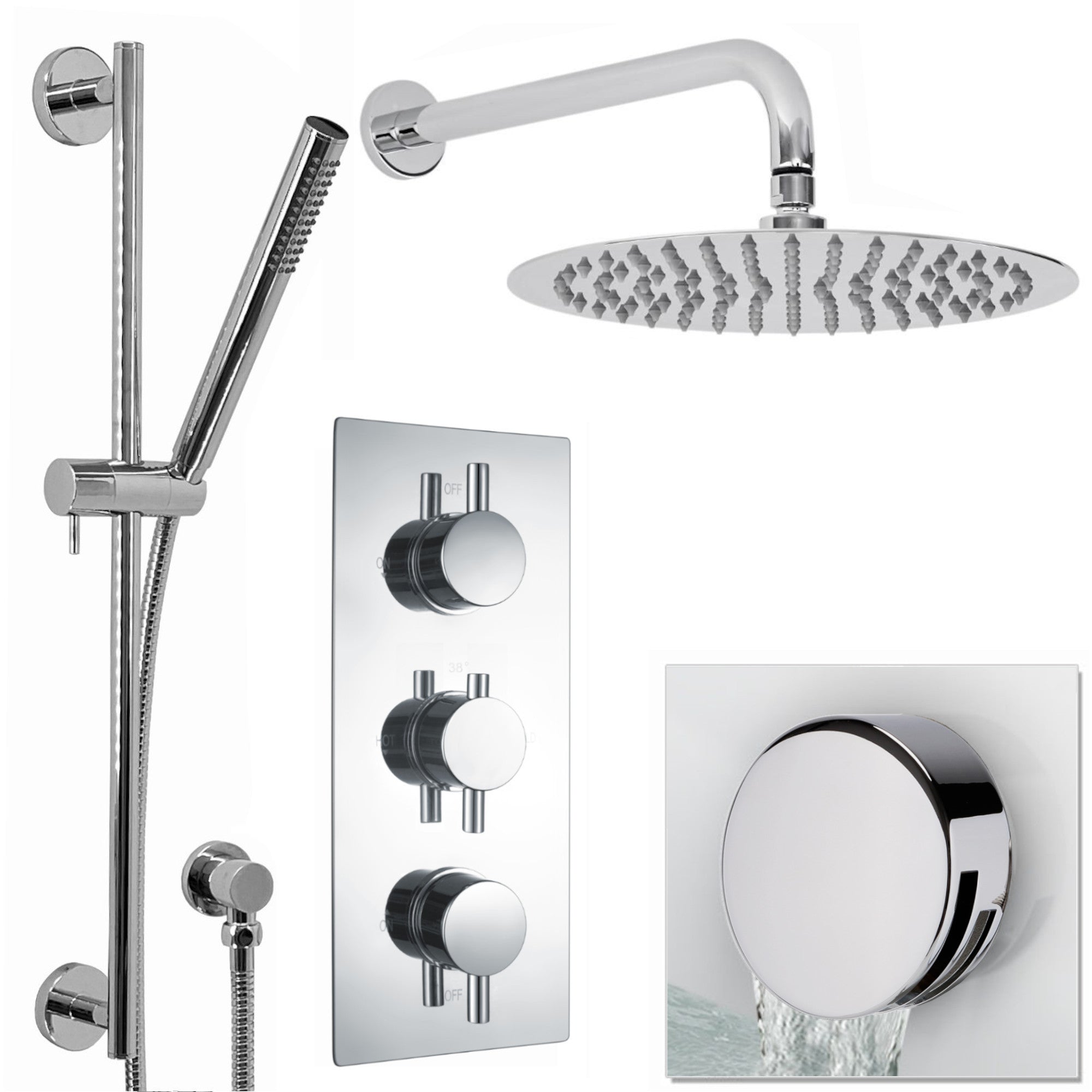 Naples Contemporary Round Concealed Thermostatic Shower Set Incl. Triple Diverter Valve, Wall Fixed 8" Shower Head, Slider Rail Kit, Bath Filler Waste with Overflow - Chrome (3 Outlet)